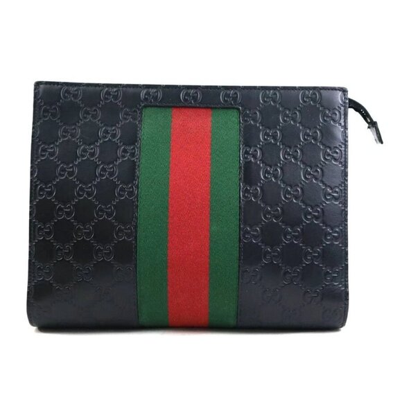 Auth GUCCI Sherry Line Clutch Bag Black/Green/Red Leather/Canvas - Picture 1 of 15